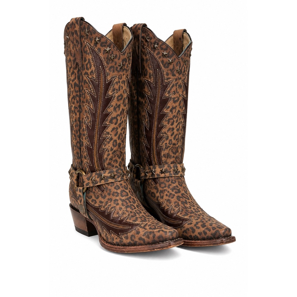 Corral Leopard Harness‎ Star Stud Western Cowboy Boots Leather C3944 Brown 7.5 M